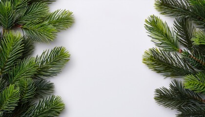 Obraz premium closeup of fresh green pine branches forming a natural border on a white background