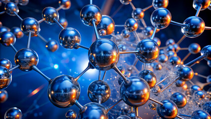 Molecular structure in futuristic design with blue metallic spheres in dramatic lighting for scientific illustration