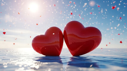 Two shiny red hearts symbolizing love and romance
