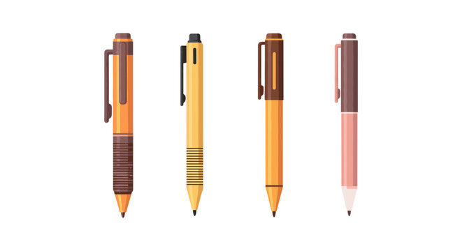 Collection of four modern pens with different designs and colors on a white background