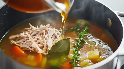 Pouring broth into a steaming pot of savory soup, packed with tender meat, vibrant carrots, and aromatic herbs for a comforting meal. Fresh, hearty, delicious!