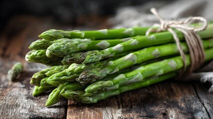 Fresh Green Asparagus Bundle on Rustic Wooden Surface - A Culinary Delight.
