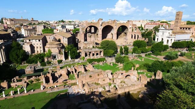 rome roman forum layered ruins basilicas arches green lawns filled visitors bright summer sky covers wide aerial view italy empire emperor archaeological site 