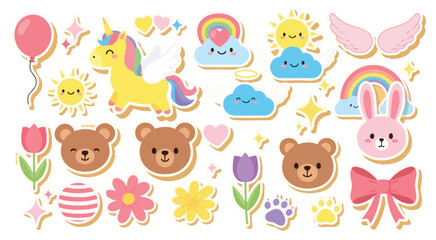 Obraz premium Collection of cute cartoon animals including unicorn bears bunny and whimsical elements.