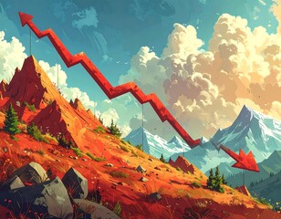 Illustration of a red arrow descending over mountains