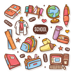 Collection of hand drawn school supplies including books globe pen and backpack.