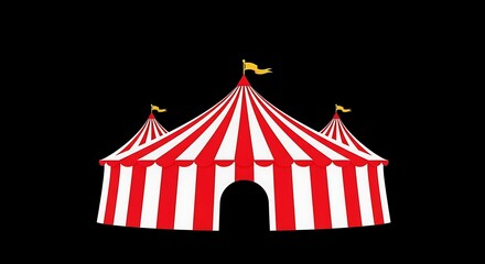 Red and White Striped Circus Tent with Yellow Flags on a Black Background