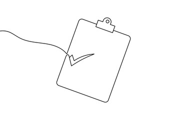 Naklejka premium Continuous one line drawing of a clipboard with a check mark on white background