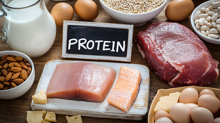 A variety of protein-rich foods displayed on a wooden surface including meat, fish, eggs, dairy, nuts, and legumes emphasizing a balanced diet for health and wellness.