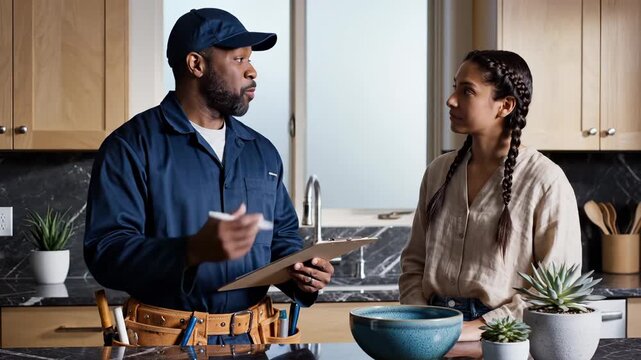Plumber shows repair estimate to customer in kitchen. Technician explains service with clipboard to woman. Plumber discusses repair work with customer. Kitchen service consultation with plumber.