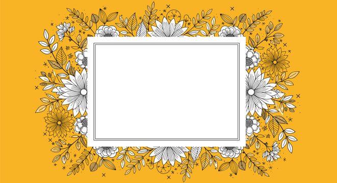 Vibrant yellow banner with a blank white central frame decorated with detailed hand-drawn monochrome floral sketches and foliage.
