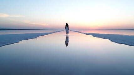 Solitary figure walking across reflective water surface symbolizing calm balance introspection and emotional journey at sunrise horizon. Solitary walk on reflective water