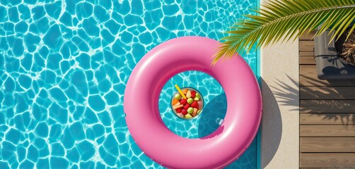 Vibrant pink inflatable ring with fresh fruit salad floating in a clear blue swimming pool, top-down view for summer vacation concepts