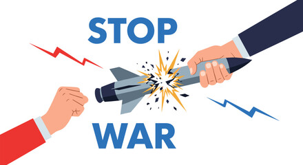 Powerful stop war message is displayed through an illustration of hands breaking a missile with an explosion effect on a clean white background.
