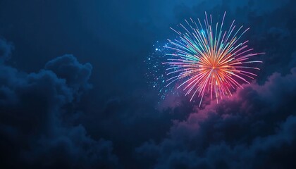 A single vibrant firework bursting in a dark, cloudy night sky, a minimalist and moody celebration concept with copy space