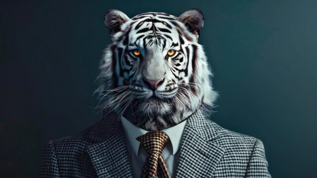 The showcases a person in a business attire wearing an advanced tiger mask with glowing eyes, suggesting a blend of modern corporate aesthetics and wild animal traits.