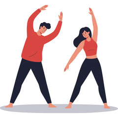 Man and Woman Exercising Together: Illustration of a Couple Performing Stretching Exercises in Athletic Clothing on a Mat