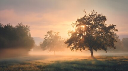Golden Sunrise Illuminates the Misty Meadow with Majestic Trees and Serene Atmosphere.