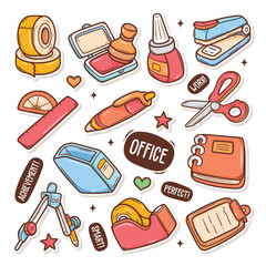 Vibrant Cartoon Collection of Office Stationery Items Including Pens and Scissors.