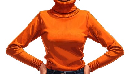Illustration of a woman in an orange turtleneck, arms akimbo
