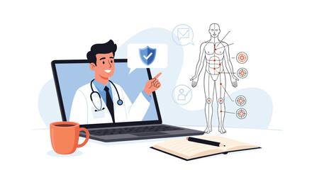 Online medical platform shows a friendly doctor on a screen pointing to a human anatomy diagram for patient health education.