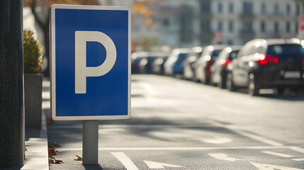 A blue and white sign with a large 'P' indicates parking in a designated area. Cars are parked along the road in the background on a sunny day. Convenient parking access.