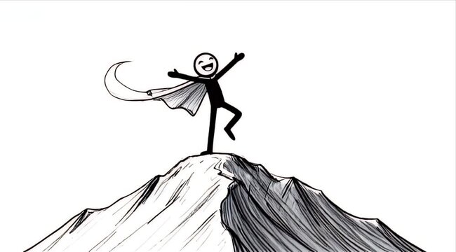 Triumphant Stick Figure Hero: Joyful Cape-Clad Victor on Mountain Peak