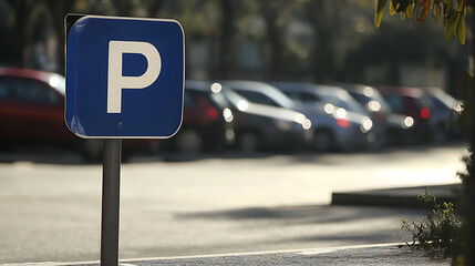 Parking Zone Indicator: Blue square sign with a white "P" designates parking area in a parking lot filled with parked vehicles, ensuring organized and accessible parking for all drivers.