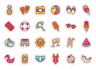 Colorful collection of summer vacation icons including pineapple camera and beach ball. © Neko funny
