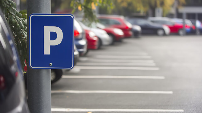 Blue parking sign with a white 'P' standing in front of a lot of parking spots filled with cars of various colors on a rainy day. Safe travels to every driver.