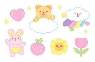 Cute cartoon bear on cloud with bunny apple flower and heart icons.