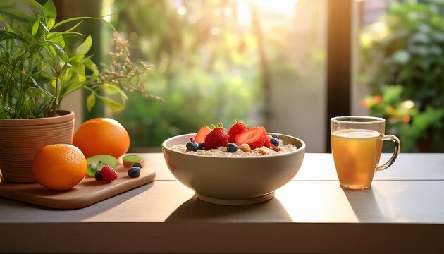 a cozy breakfast scene featuring a bowl of oatmeal topped with fresh fruits and a cup of tea surrounded by indoor plants in soft morning light