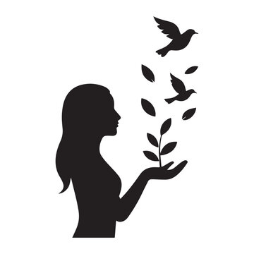 Woman holding plant with birds flying away symbolizing freedom nature