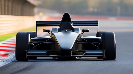 Fototapeta premium A low-angle shot reveals the front of the race car, its aerodynamic design optimized for speed, poised on the track under the soft light of a morning or evening.