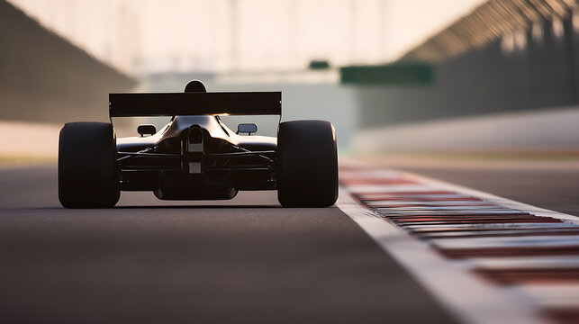 A sleek, aerodynamic race car dominates the racetrack, focused on speed and precision. The red and white strip enhances the view, emphasizing the adrenaline-fueled environment.