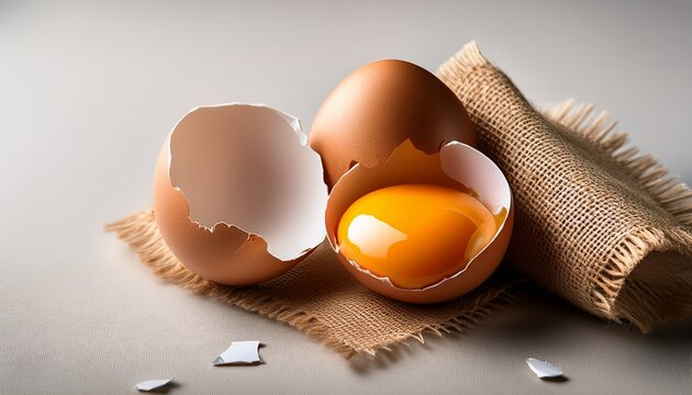 Broken Egg Shell With Yolk And Burlap Fabric On Light Grey Background - Powered by Adobe
