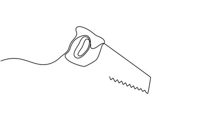 Animated self drawing of continuous line draw Wood Saw with Wooden Handle for Woodworking and Carpentry Tools. Full length single line animation, Hacksaw, wood saw, carpentry tools one line art. pro.