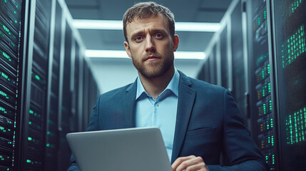 IT Specialist Working in Data Center with Laptop. A focused IT professional works on laptop in secure data center, surrounded by red-lit server racks.
