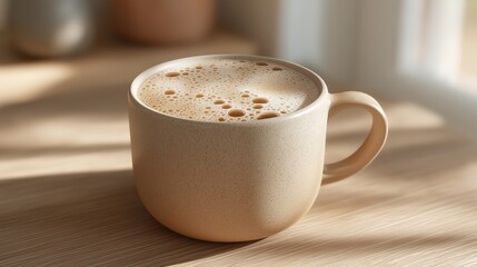 Obraz premium A close-up of a hot cappuccino in a minimalist beige ceramic cup resting on a light wooden surface, illuminated by warm morning sunlight casting soft window shadows.