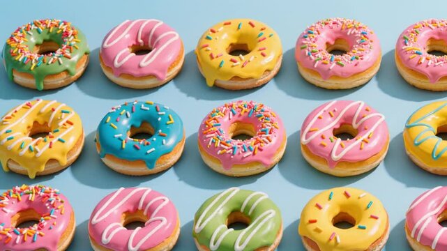 Assorted colorful donuts with sprinkles arranged on a blue surface