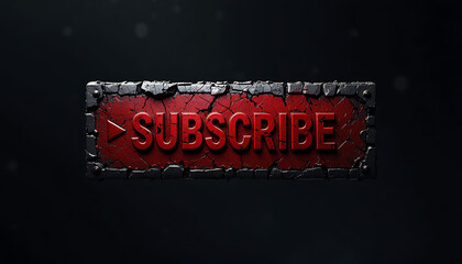 A rugged, stone-textured red subscribe button featuring a cracked surface and cinematic dark background lighting.