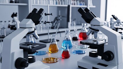 Two microscopes on lab table with colorful liquids in petri dishes and beakers