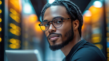 System administrator works in server room, managing network security and data processing systems, artificial intelligence technology.