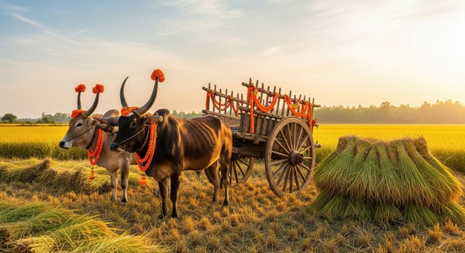 Traditional bullock cart decorated with marigold flowers beside harvested paddy bundles in golden field for harvest festival, makar sankranti, pongal and lohri