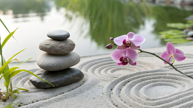 Zen Stone Stack with White Lotus Flower on Raked Sand at Tranquil Sunset Beach zen, stone, stack, balance, lotus, flower, white, sand, raked, beach, sunset, tranquil, meditation, harmony, peace, seren