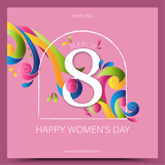 International Women&rsquo;s Day March 8 Greeting Card with green Background, Swirl and twisted Elegant lines, Feminine Floral Celebration Design