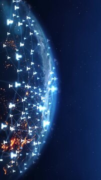 earth globe with team animated icon, concept of global networking, teamwork and communication, digital modern network technology background