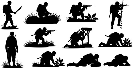 Modern Military Soldier Silhouette Set with Tactical Weapons Black Vector