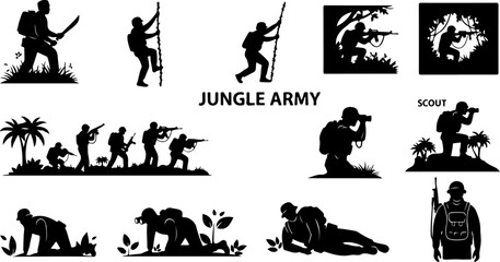 Modern Military Soldier Silhouette Set with Tactical Weapons Black Vector