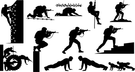 Modern Military Soldier Silhouette Set with Tactical Weapons Black Vector